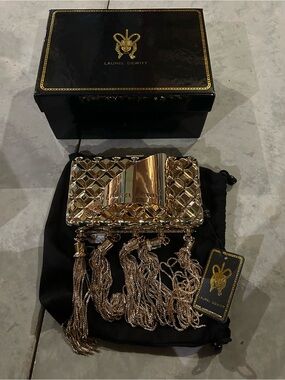 Laurel Dewitt Gold Metallic Quilted Tassel Minaudière Clutch